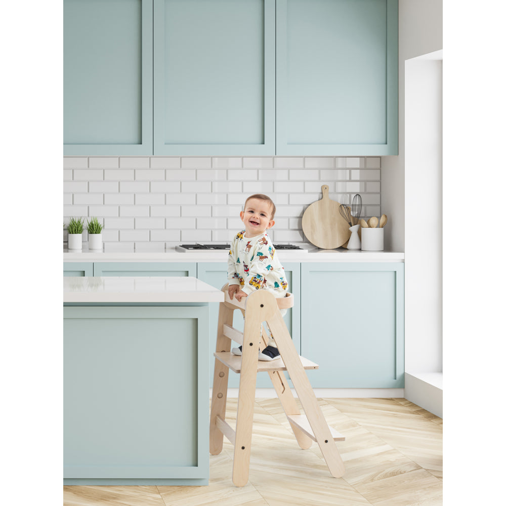 MamaToyz Folding Learning Tower Natural Beech Wood Montessori Child Safety Platform