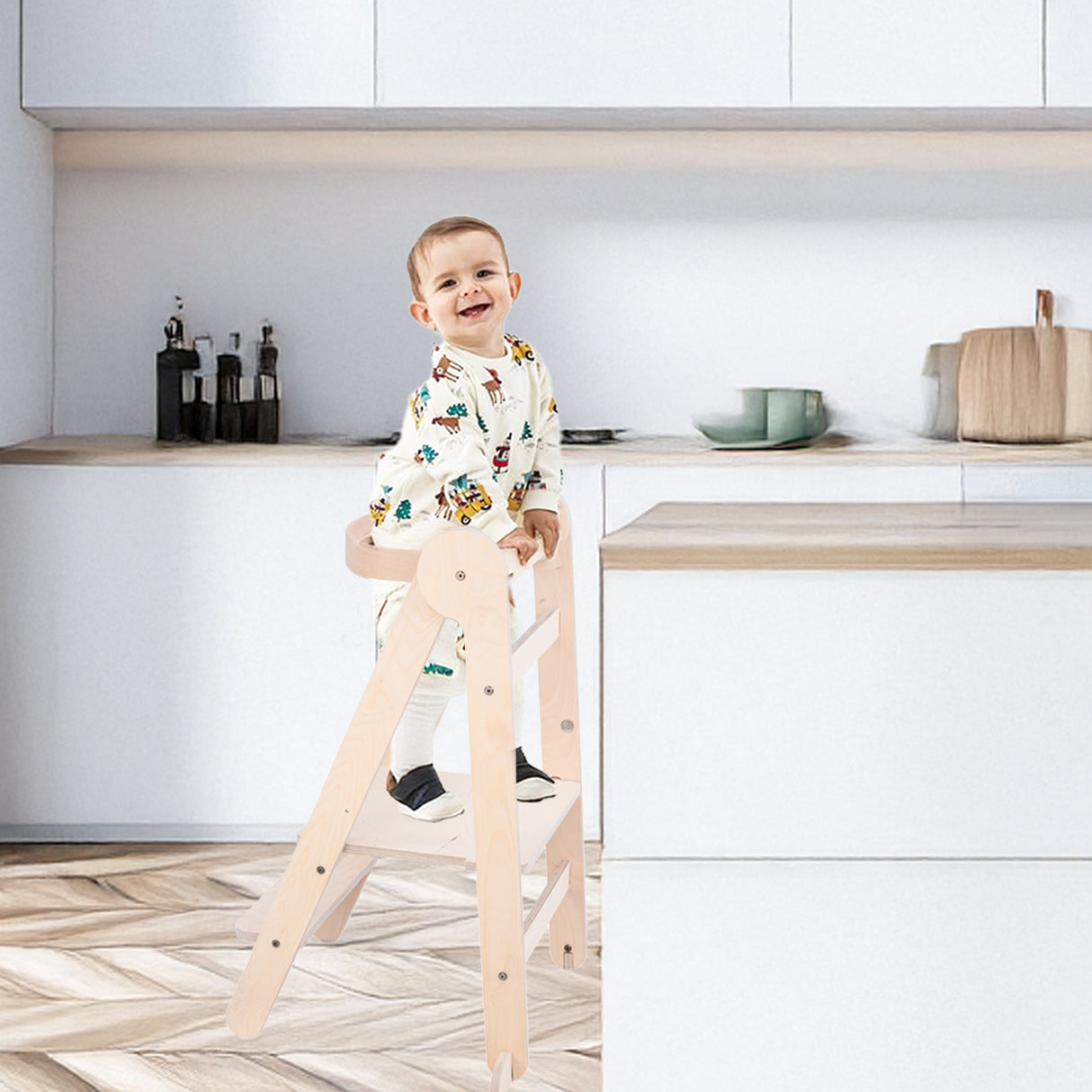 MamaToyz Folding Learning Tower - Natural Beech Wood Montessori Child Safety Platform