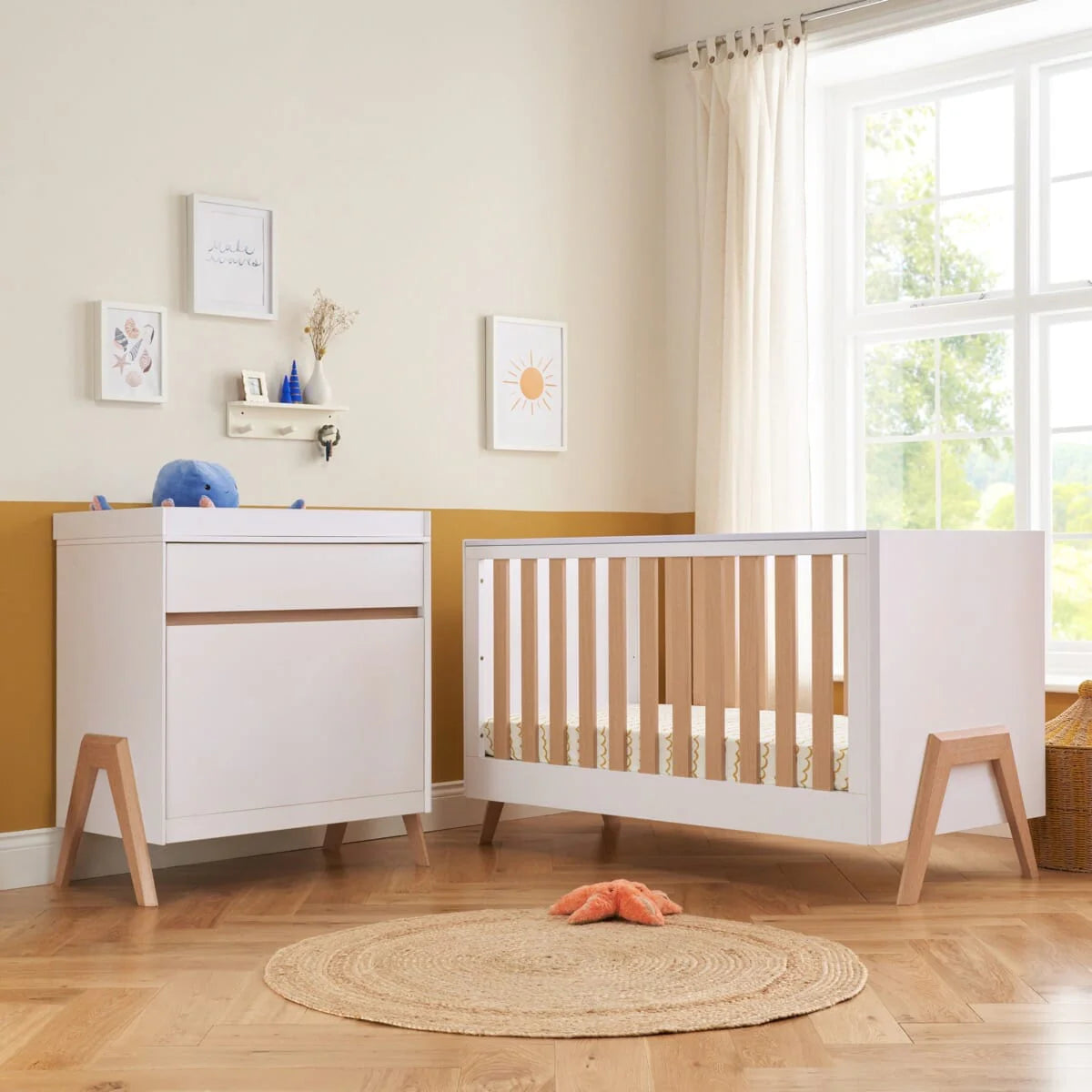 Tutti Bambini Fuori 2 Piece Nursery Furniture Set with Cot Bed & Dresser - White / Light Oak