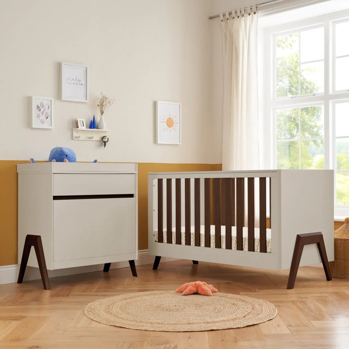 Tutti Bambini Fuori 2 Piece Nursery Furniture Set with Cot Bed & Dresser - White Sand / Warm Walnut