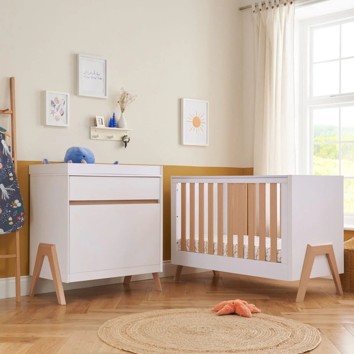 Tutti Bambini Fuori Mini 2 Piece Nursery Furniture Set with Cot Bed & Dresser - White / Light Oak