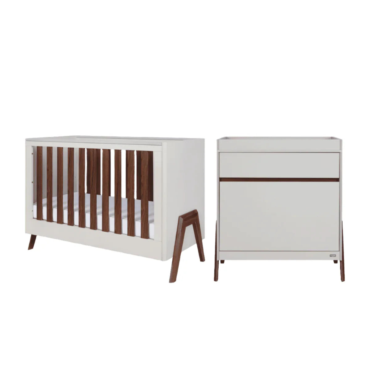 Tutti Bambini Fuori Mini 2 Piece Nursery Furniture Set with Cot Bed & Dresser - White Sand / Warm Walnut