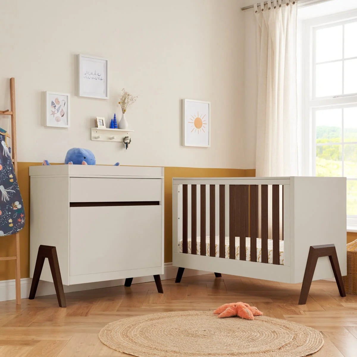 Tutti Bambini Fuori Mini 2 Piece Nursery Furniture Set with Cot Bed & Dresser - White Sand / Warm Walnut