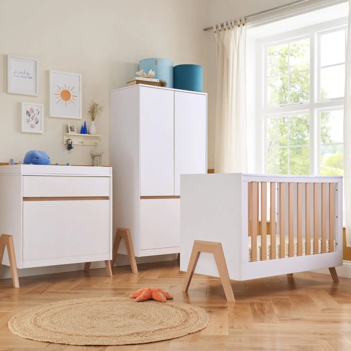 Tutti Bambini Fuori Mini 3 Piece Nursery Furniture Set with Cot Bed, Dresser & Wardrobe - White / Light Oak