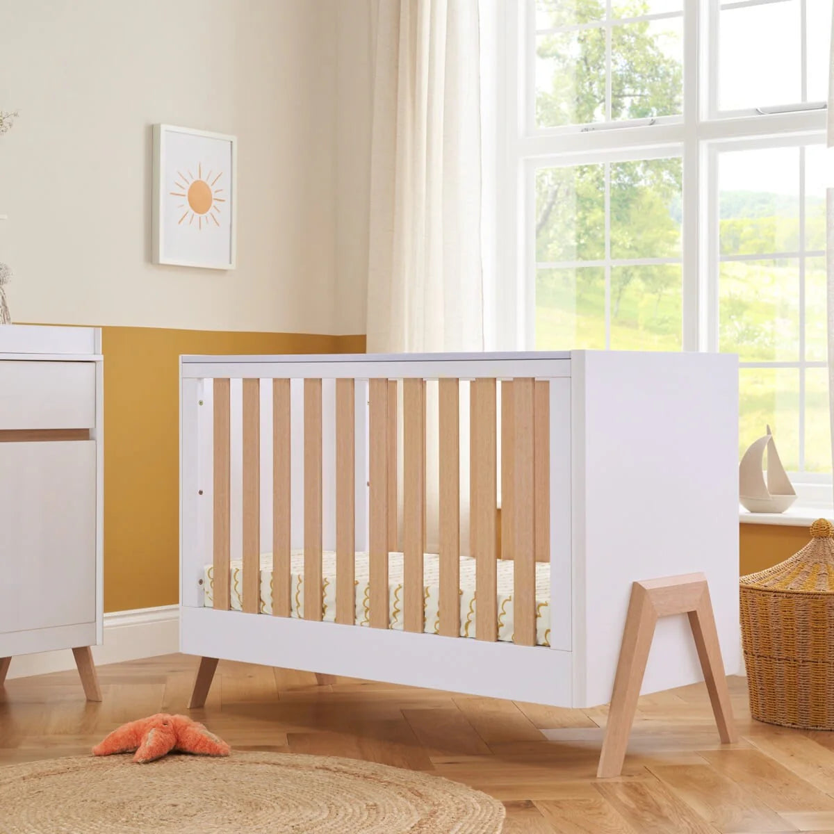 Tutti Bambini Fuori Mini 3 Piece Nursery Furniture Set with Cot Bed, Dresser & Wardrobe - White / Light Oak