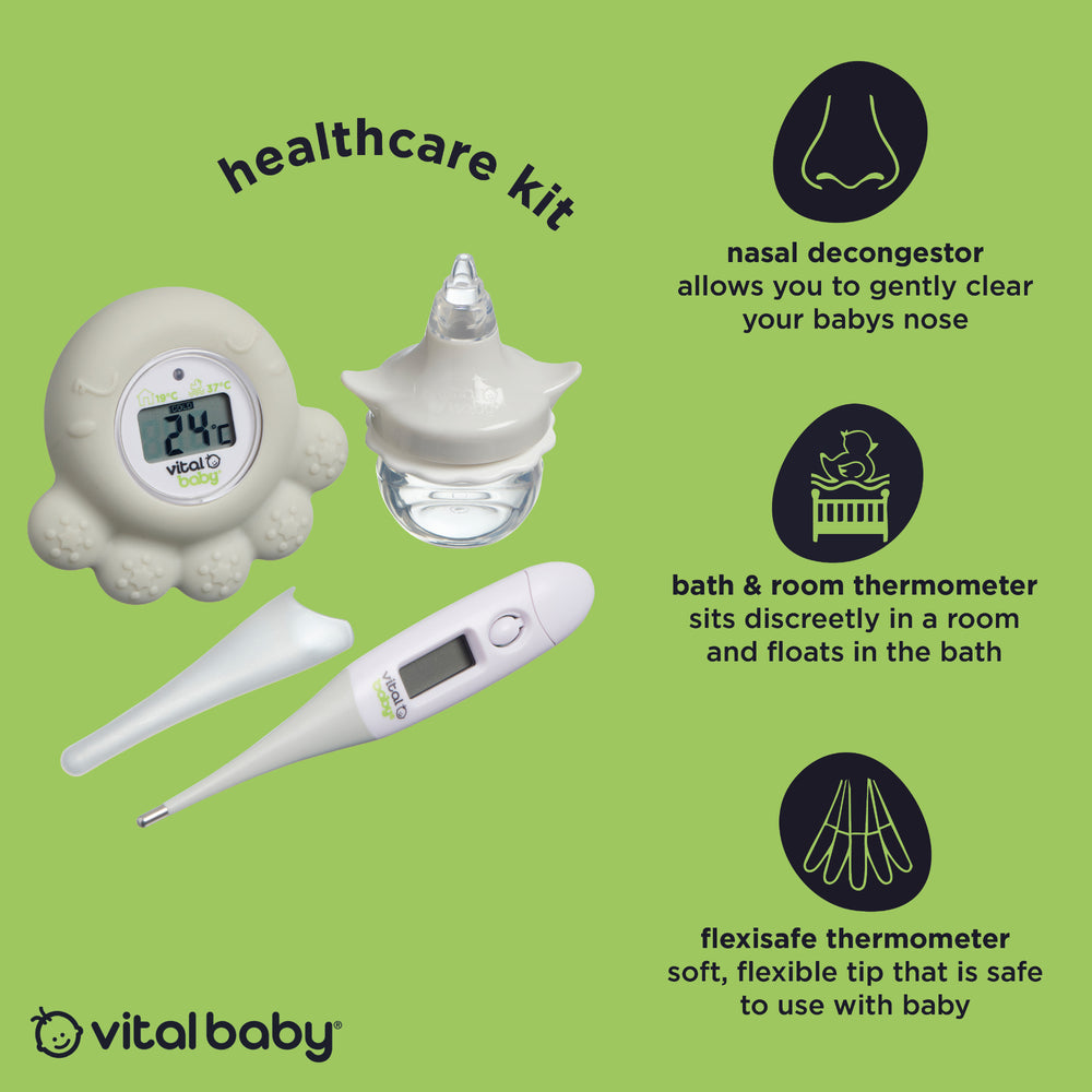 Vital Baby Healthcare Kit with Decongester, Room, Bath & Baby Thermometer