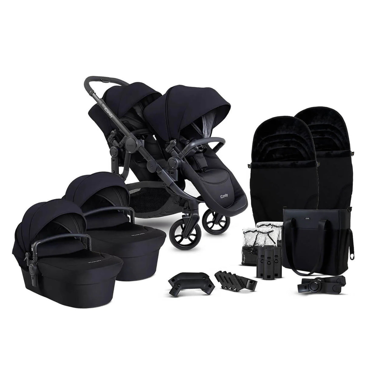 iCandy Orange 4 Complete Twin Pushchair Bundle with Accessories - Black Edition