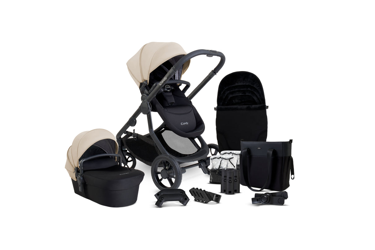 iCandy Orange 4 Single to Double Pushchair Bundle with Accessories - Latte