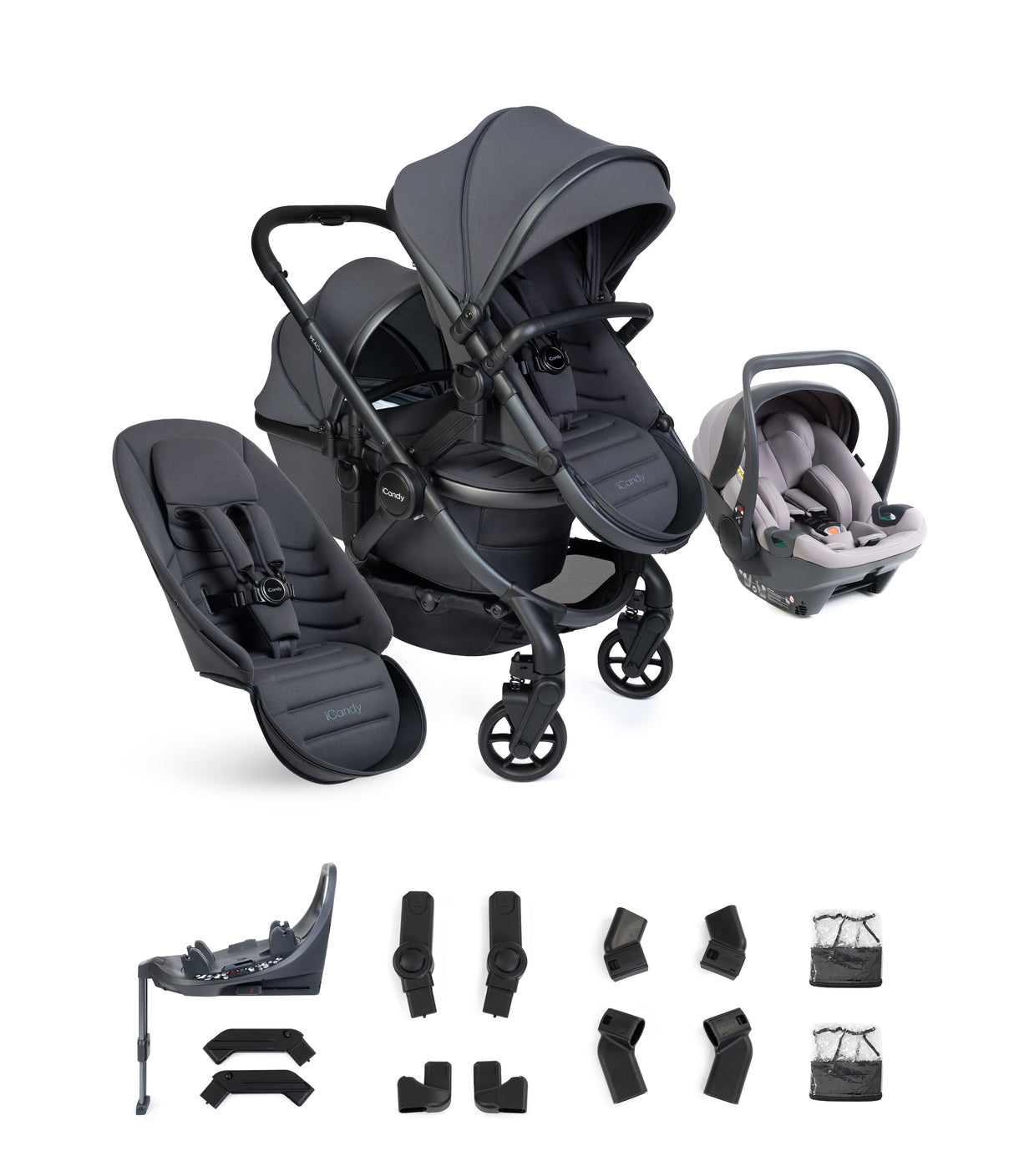 iCandy Peach 8 Complete Double Bundle with Cocoon 360 and ISOFIX Base - Grey