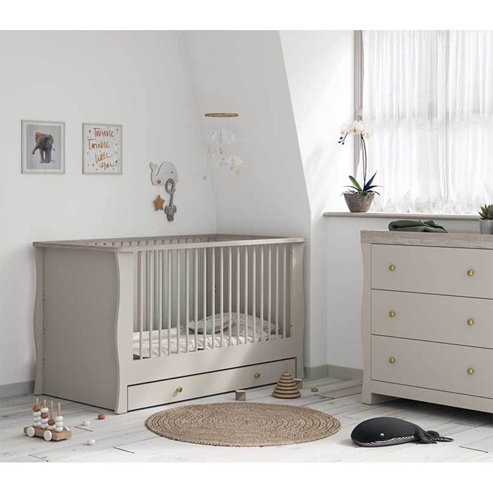 Little Acorns Celeste 2 Piece Nursery Furniture Set with Cot Bed, Under Drawer and Dresser - Cashmere & Grey Ash