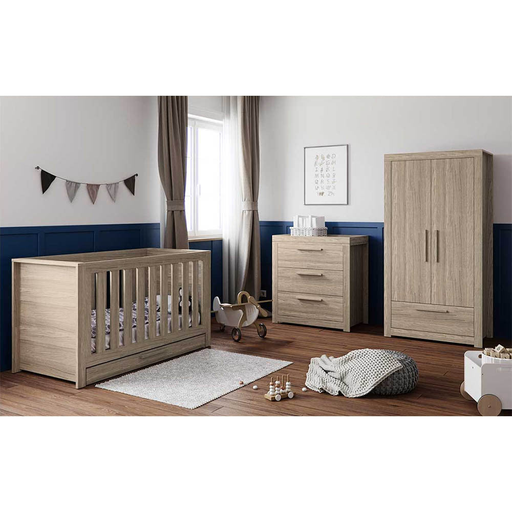 Little Acorns Ellesmere 3 Piece Nursery Furniture Set with Cot Bed, Under Drawer, Dresser and Wardrobe - Grey Ash