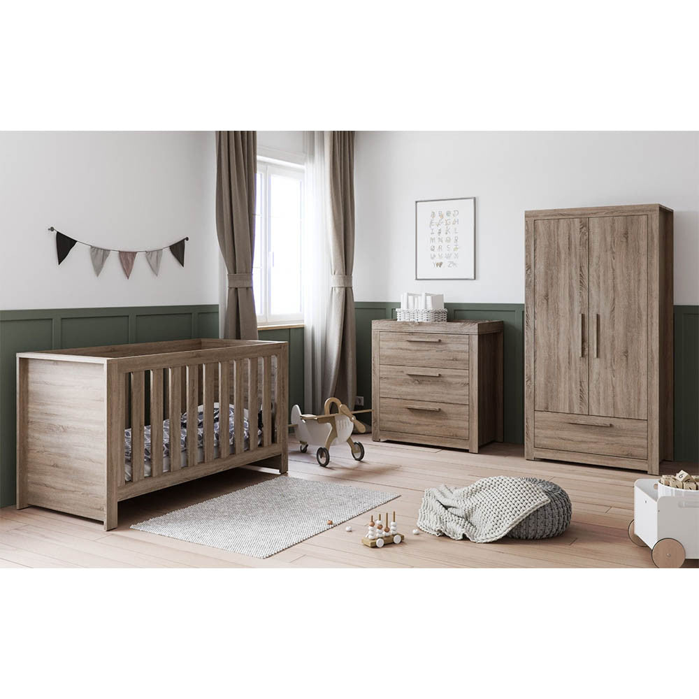 Little Acorns Ellesmere 3 Piece Nursery Furniture Set with Cot Bed, Under Drawer, Dresser and Wardrobe - Truffle Oak