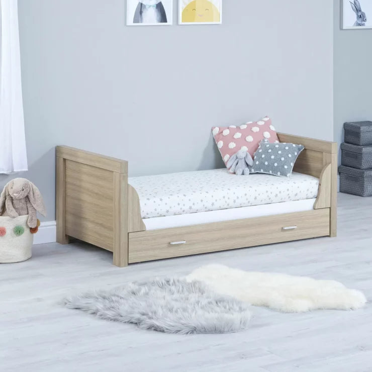 Babymore Luno 3 Piece Nursery Furniture Set with Cot Bed, Under Drawer, Dresser and Wardrobe - White / Oak