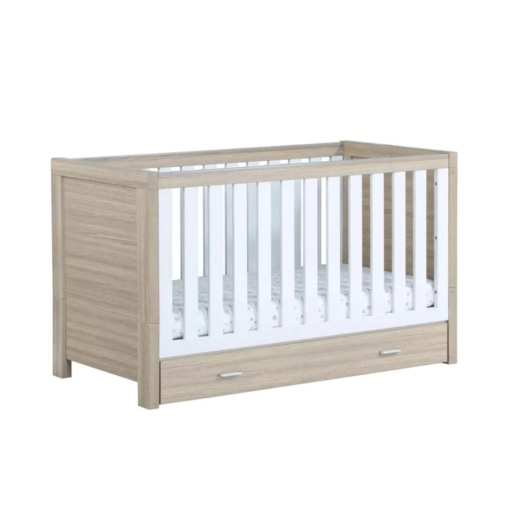 Babymore Luno 3 Piece Nursery Furniture Set with Cot Bed, Under Drawer, Dresser and Wardrobe - White / Oak