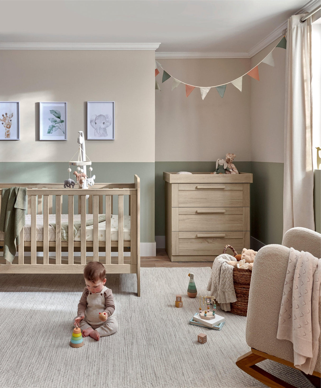 Mamas & Papas Atlas 3 Piece Nursery Furniture Set with Cot Bed, Dresser & Wardrobe - Light Oak