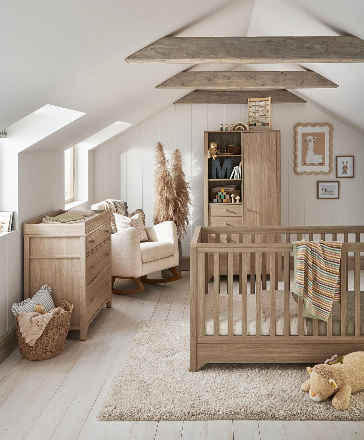 Mamas & Papas Barton 3 Piece Nursery Furniture Set with Cot Bed, Dresser and Wardrobe - Natural Oak