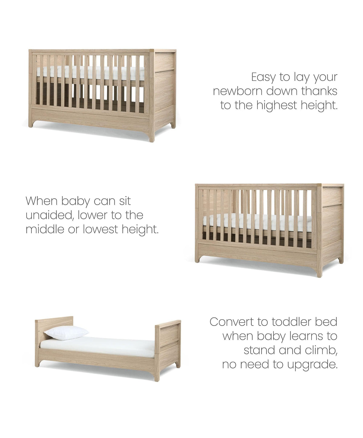 Mamas & Papas Barton 3 Piece Nursery Furniture Set with Cot Bed, Dresser and Wardrobe - Natural Oak
