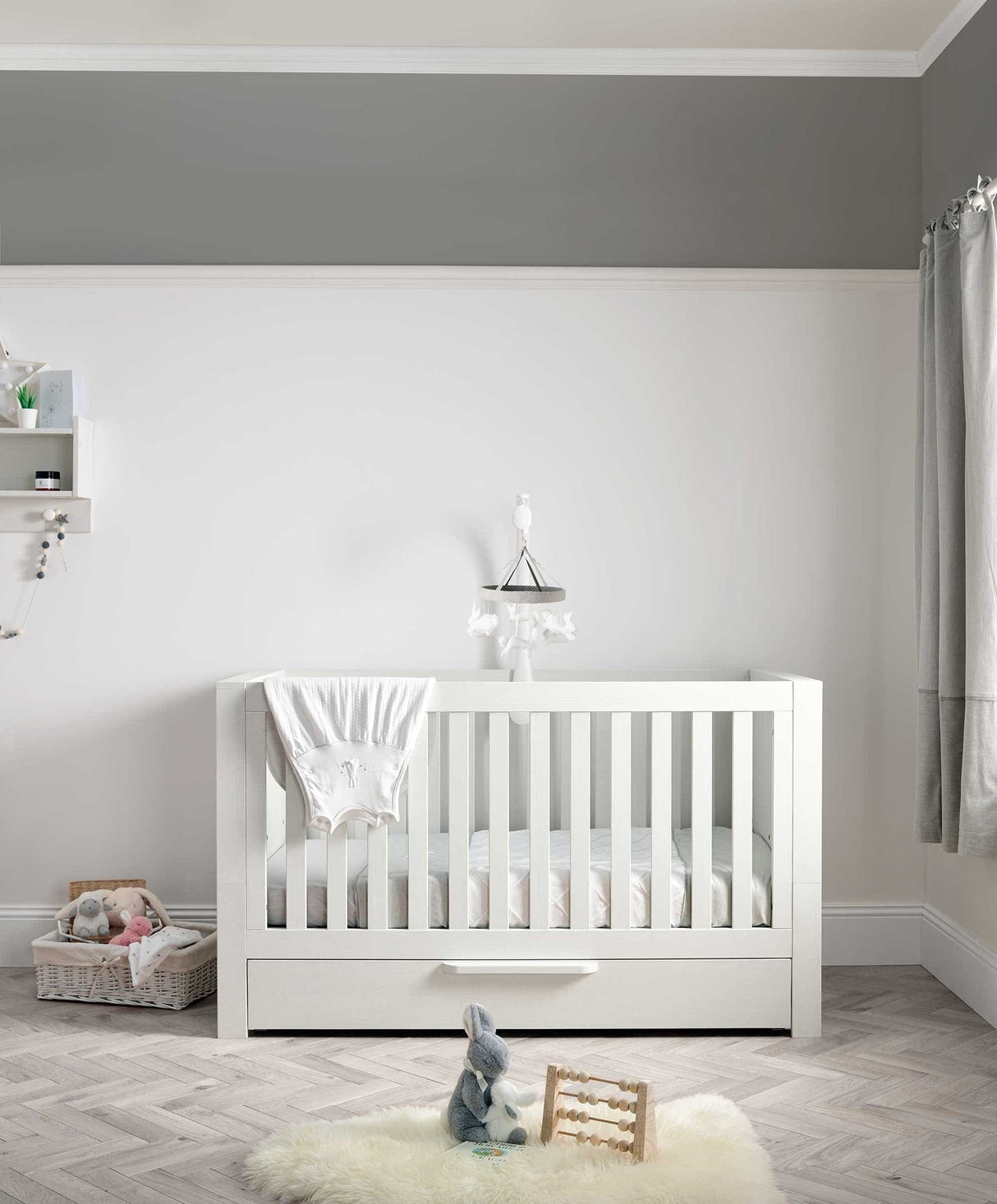 Mamas & Papas Franklin 3 Piece Nursery Furniture Set with Cot Bed, Dresser and Wardrobe - White Wash