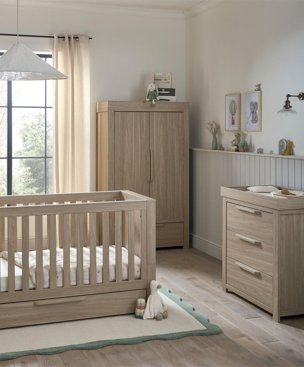 Mamas & Papas Franklin 3 Piece Nursery Furniture Set with Cot Bed, Dresser and Wardrobe - Oak
