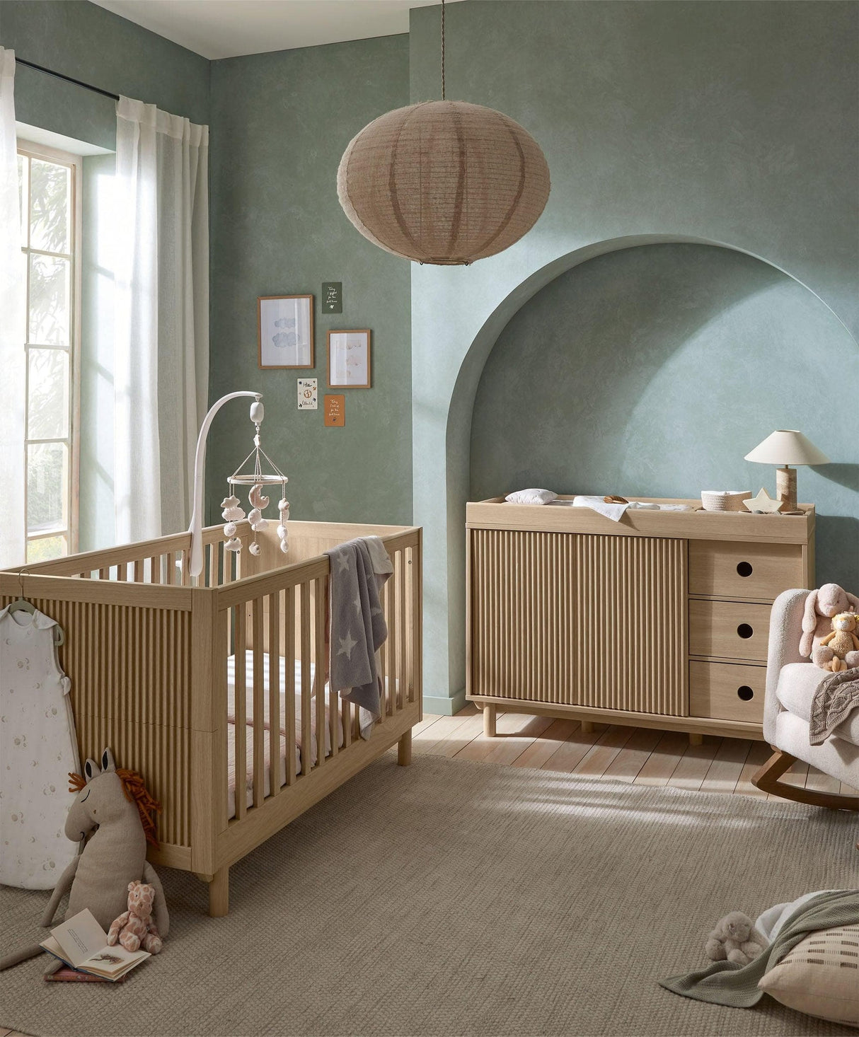 Mamas & Papas Oska 2 Piece Nursery Furniture Set with Cot Bed and Wide Dresser - Natural Oak