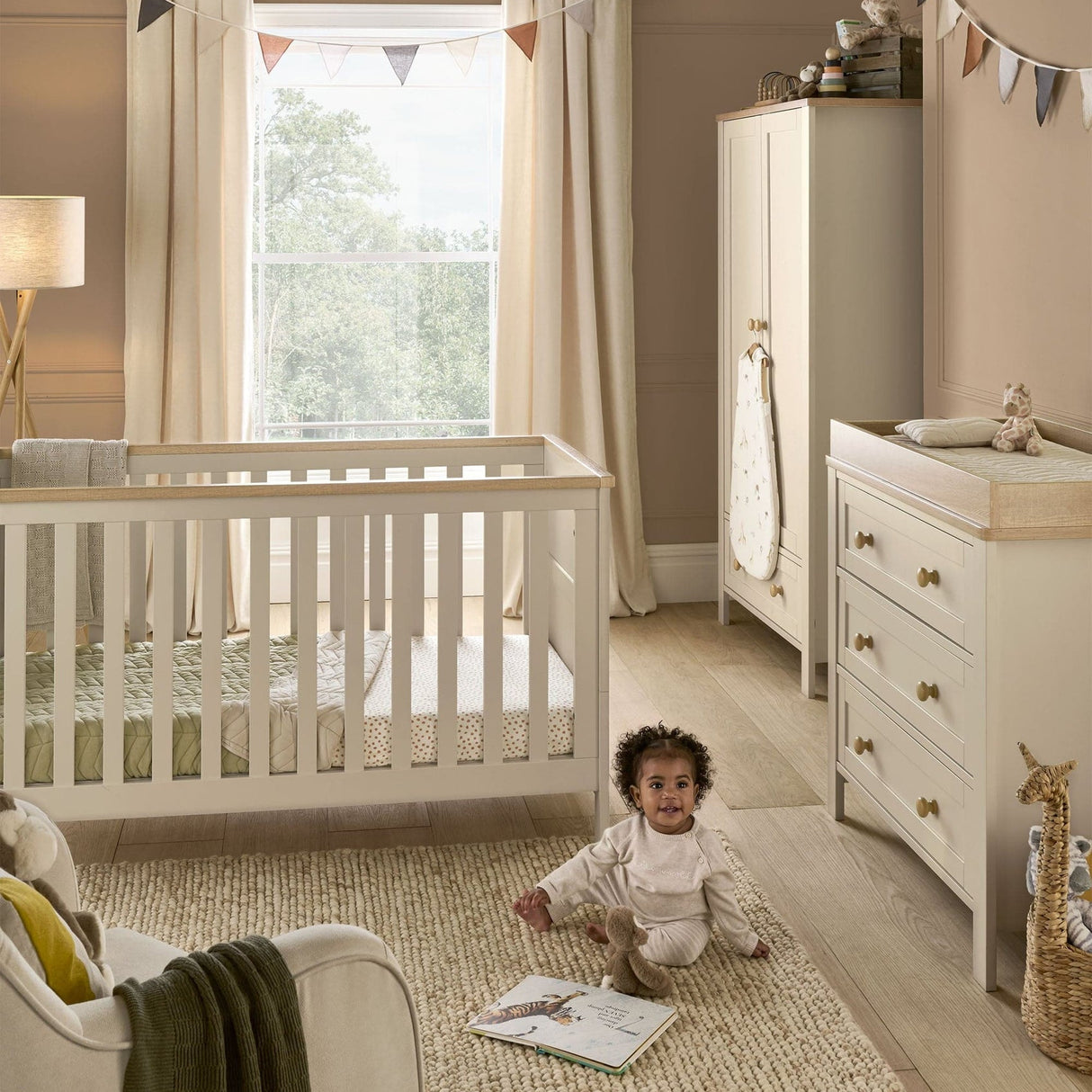Mamas & Papas Wedmore 3 Piece Nursery Furniture Set with Cot Bed, Dresser and Wardrobe - Cashmere/Oak