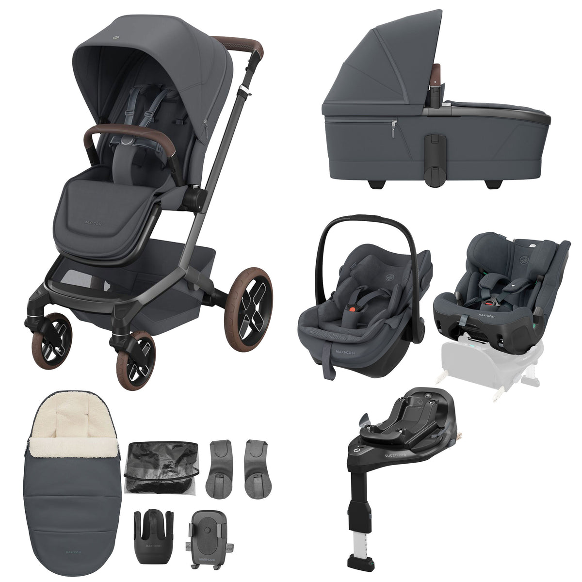 Maxi Cosi Fame 2026 Premium Family XL Travel System with Pebble Slide Pro Car Seat, Pearl XL Car Seat & Slide Pro Base - Moon Graphite 1