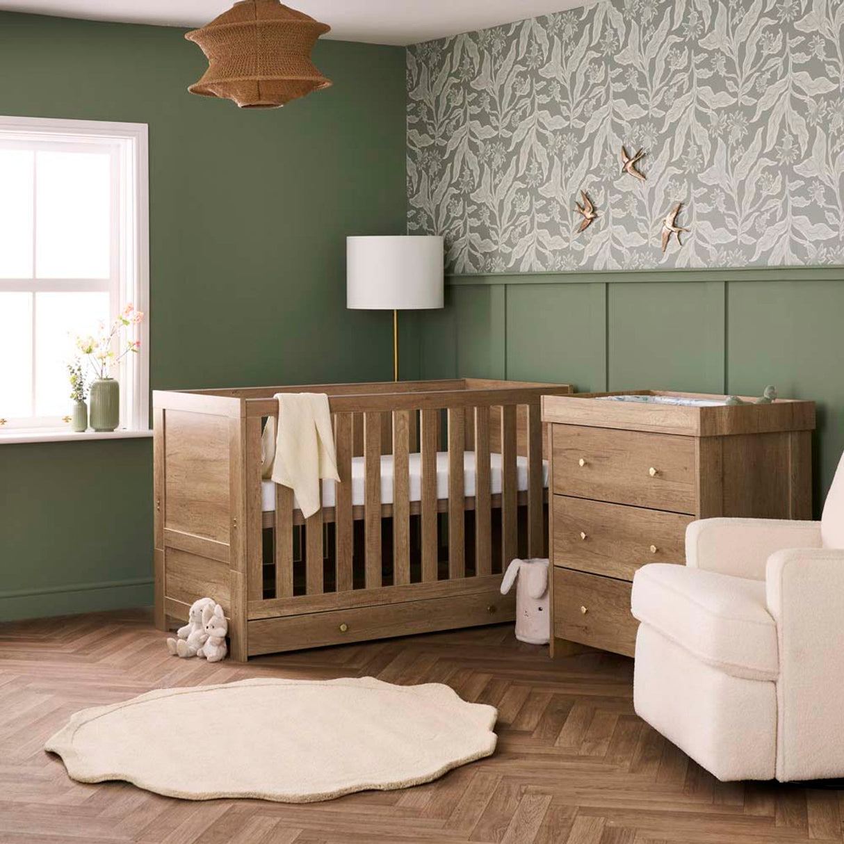 Obaby Nika 2 Piece Nursery Furniture Set with Cot Bed, Under Drawer and Dresser - Oak