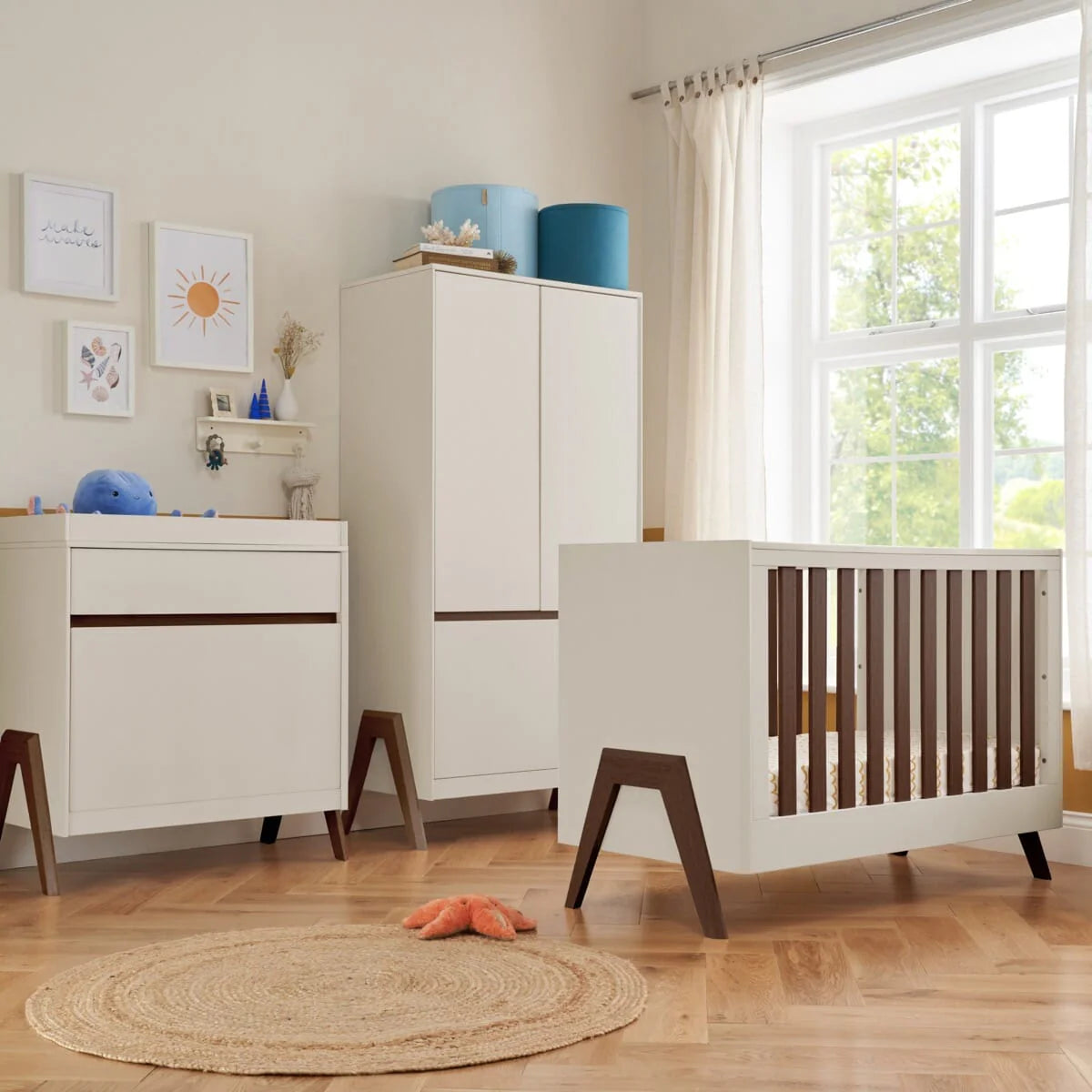 Tutti Bambini Fuori Mini 3 Piece Nursery Furniture Set with Cot Bed, Dresser & Wardrobe - White Sand / Warm Walnut
