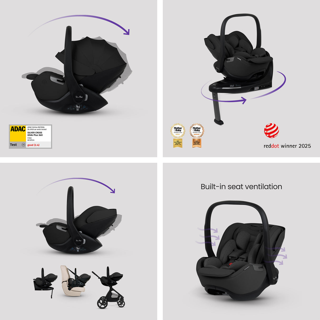 Silver Cross Cove 2 Ultimate Bundle inc Glide Car Seat & Base Plus - Pewter 9
