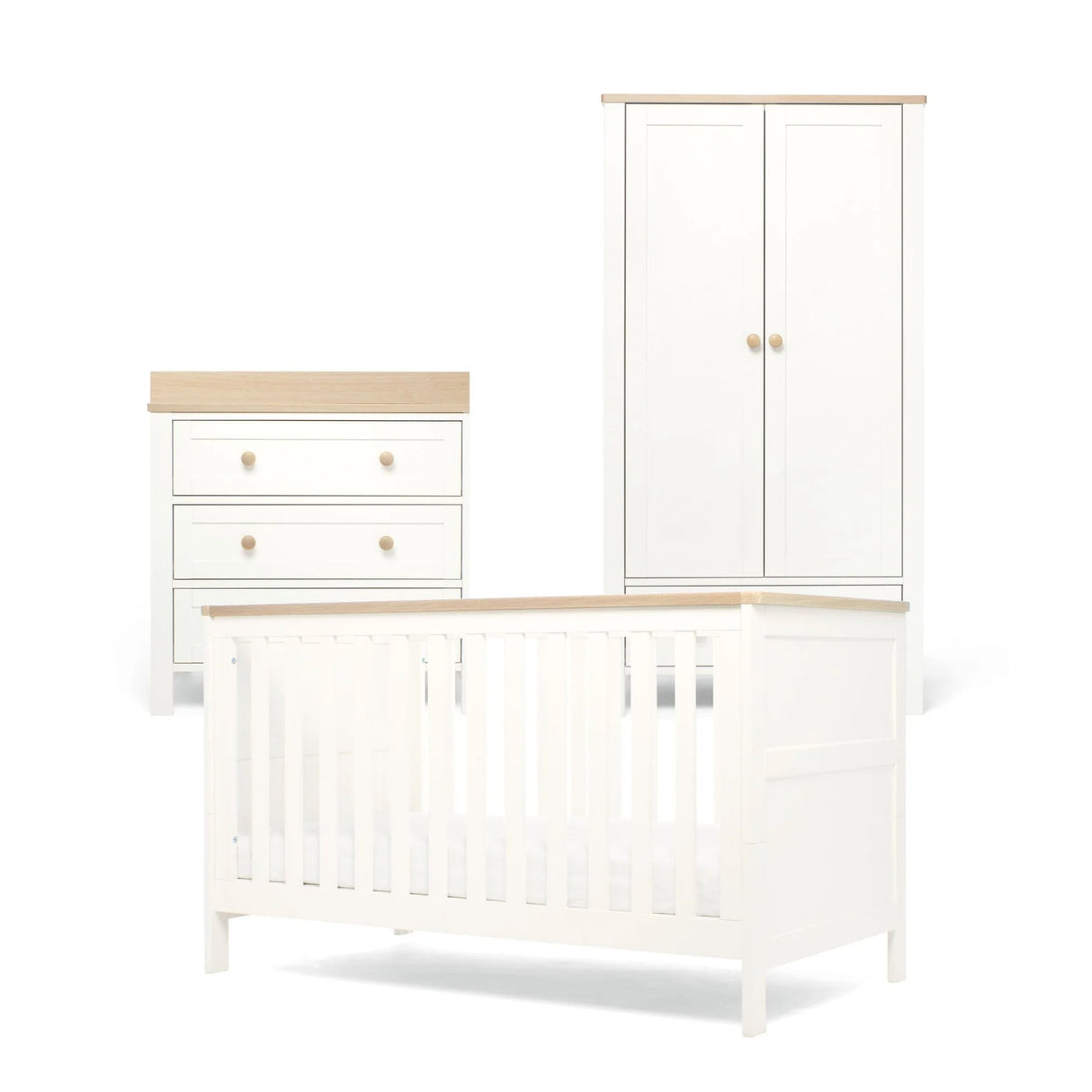 Mamas & Papas Wedmore 3 Piece Nursery Furniture Set with Cot Bed, Dresser and Wardrobe - White/Oak