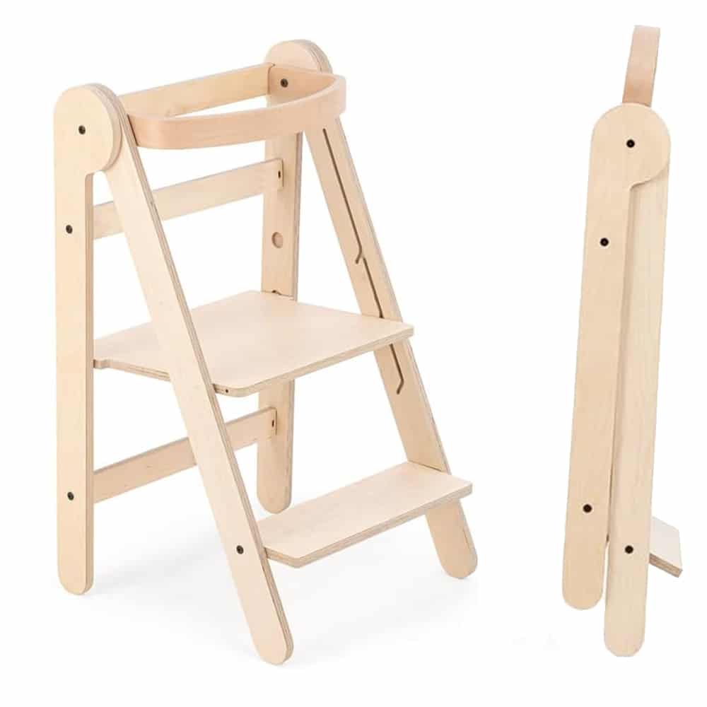 MamaToyz Folding Learning Tower Natural Beech Wood Montessori Child Safety Platform
