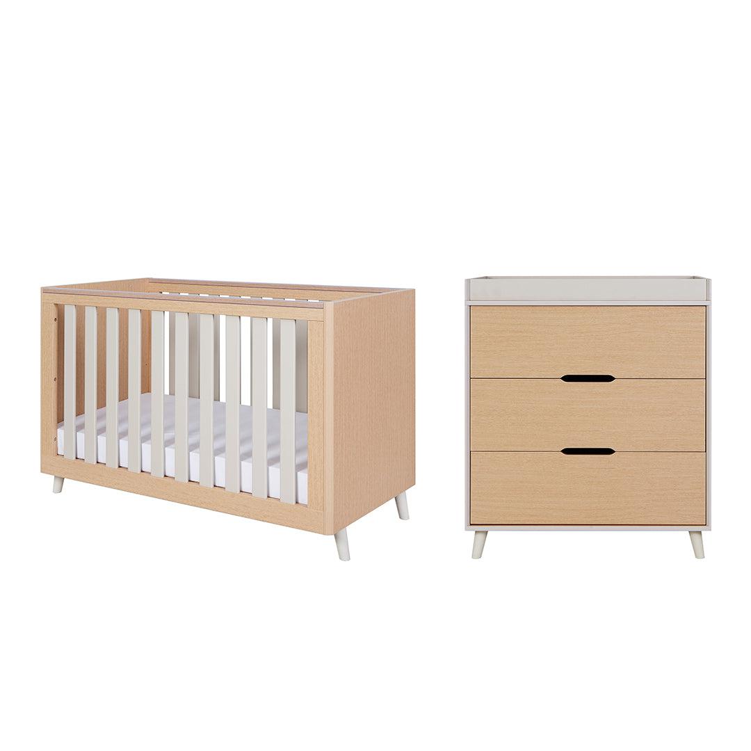Tutti Bambini Fika Mini 2 Piece Nursery Furniture Set with Cot Bed & Dresser - White Sand & Light Oak