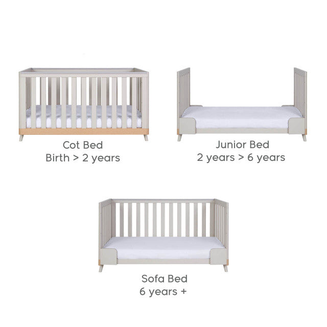 Tutti Bambini Hygge 3 Piece Nursery Furniture Set with Cot Bed, Dresser & Wardrobe - Light Oak / White Sand