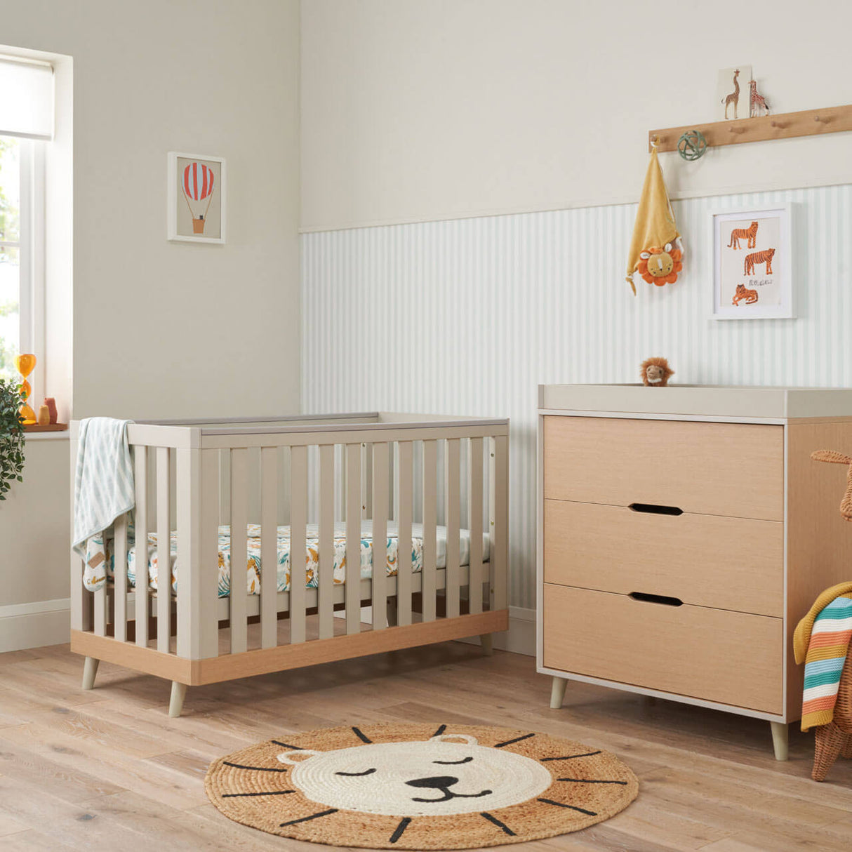 Tutti Bambini Hygge Mini 2 Piece Nursery Furniture Set with Cot Bed and Dresser - Light Oak/White Sand