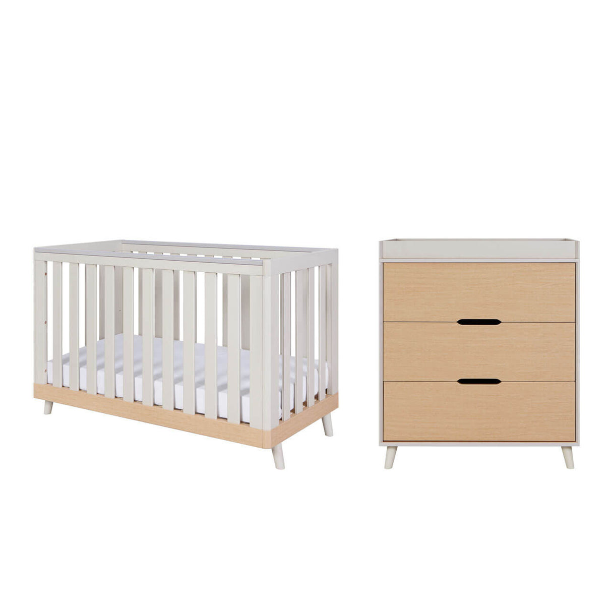 Tutti Bambini Hygge Mini 2 Piece Nursery Furniture Set with Cot Bed and Dresser - Light Oak/White Sand