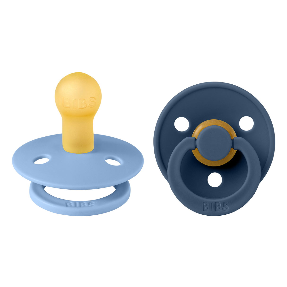 BIBS Colour Round Latex Pacifiers Size 1 – Sky Blue & Steel Blue (2 Pack)