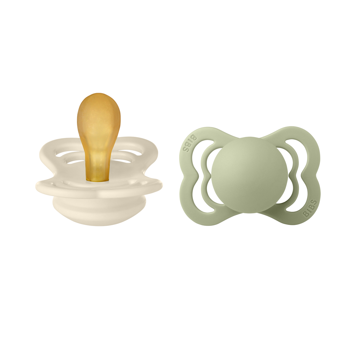 BIBS Supreme Symmetrical Latex Pacifiers Size 1 – Ivory & Sage (2 Pack)
