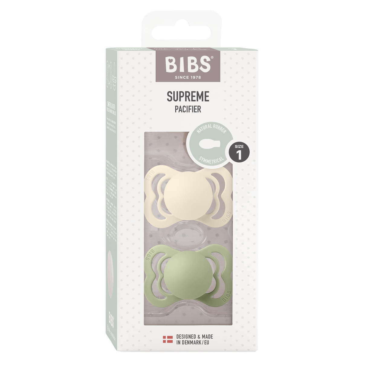 BIBS Supreme Symmetrical Latex Pacifiers Size 1 – Ivory & Sage (2 Pack)