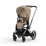 Cybex e-Priam Travel System with Accessories, Cloud T Car Seat & ISOFIX Base - Cozy Beige / Chrome Black Frame