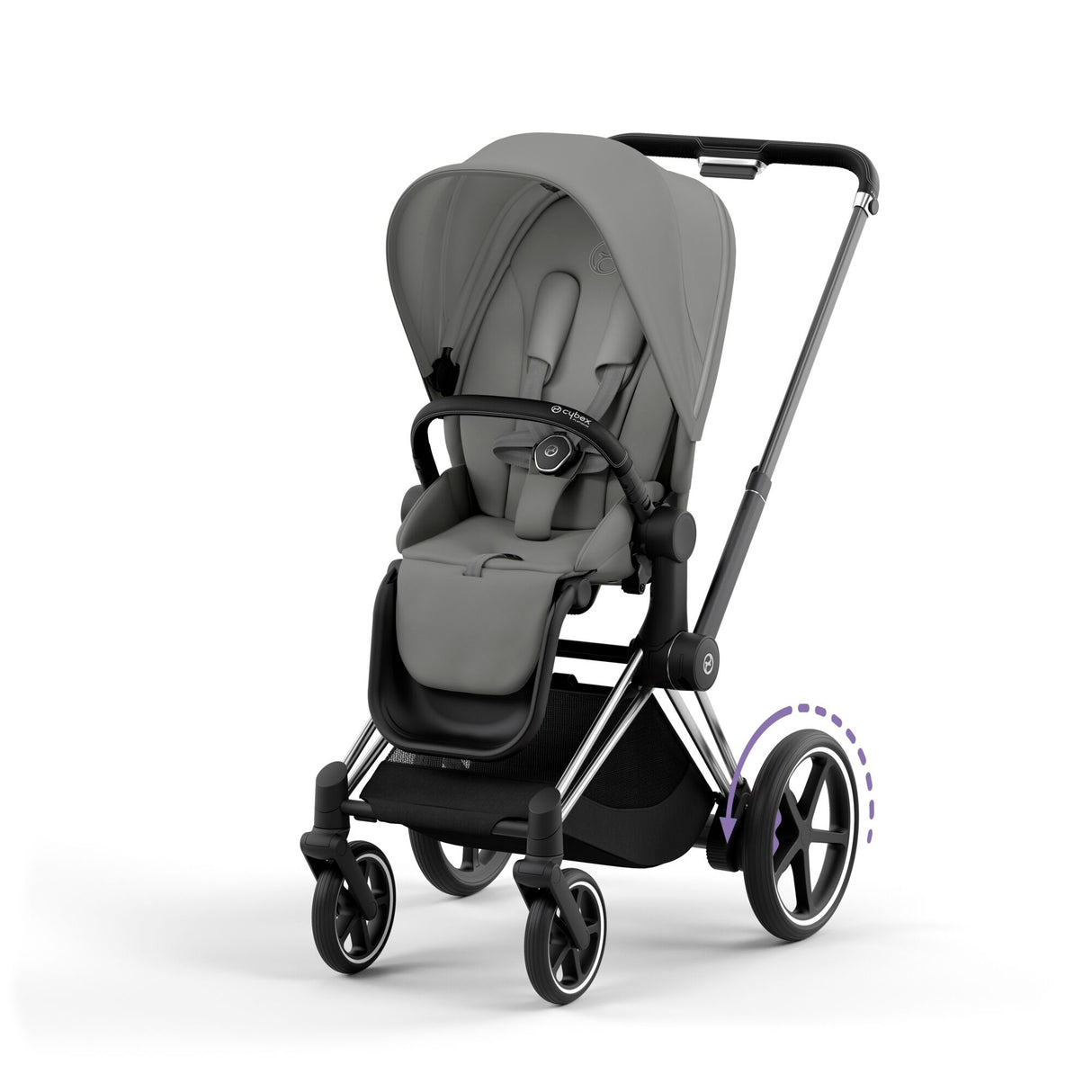 Cybex e-Priam Travel System with Accessories, Cloud T Car Seat & ISOFIX Base - Mirage Grey / Chrome Black Frame