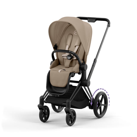 Cybex e-Priam Travel System with Accessories, Cloud T Car Seat & ISOFIX Base - Cozy Beige / Matt Black Frame