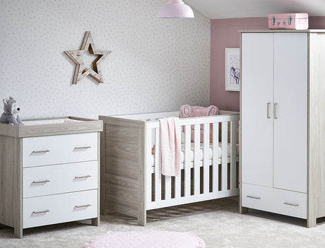 Obaby Nika Mini 3 Piece Nursery Furniture Set with Cot Bed, Dresser & Wardrobe – Grey Wash & White