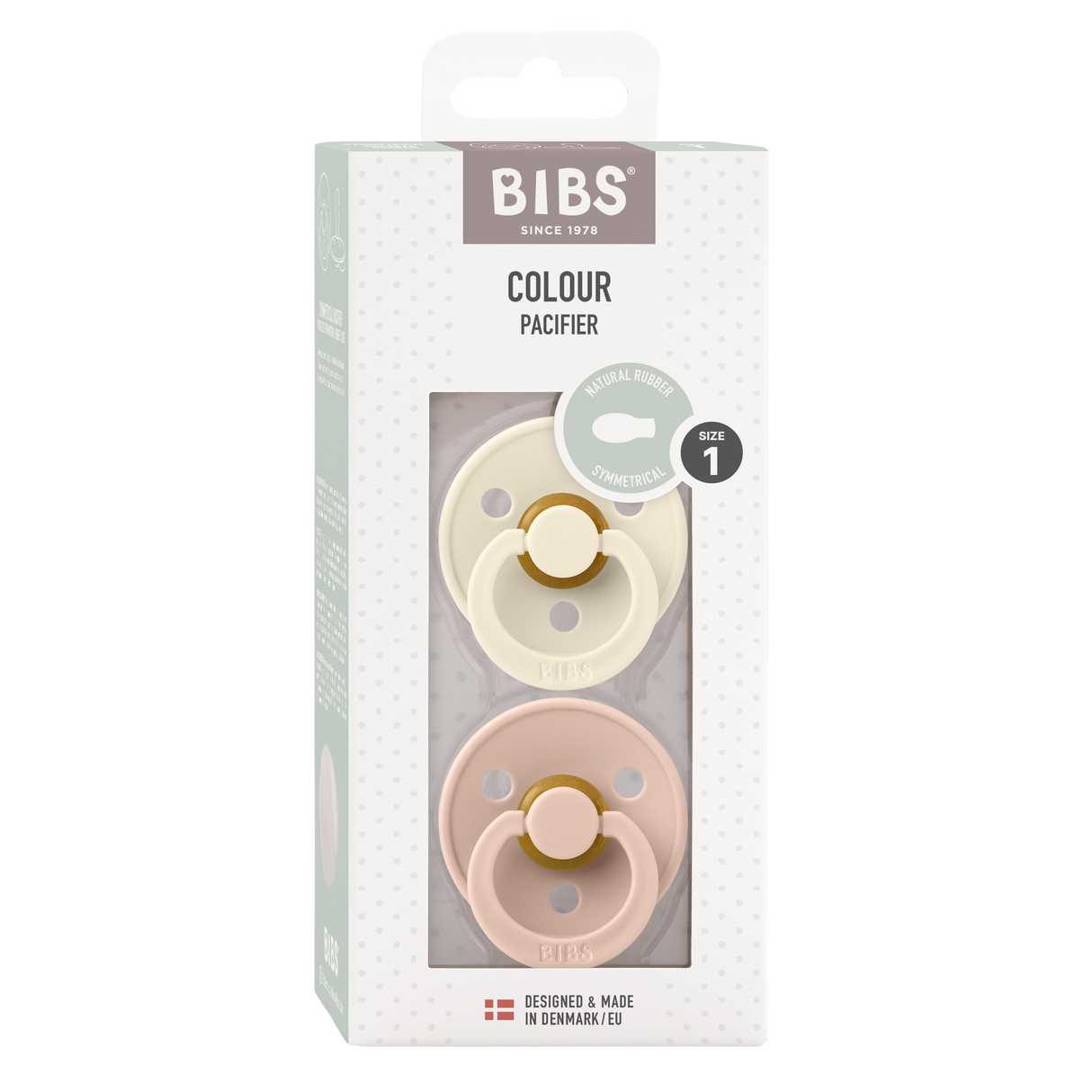 BIBS Colour Symmetrical Latex Pacifiers Size 1 – Ivory & Blush (2 Pack)