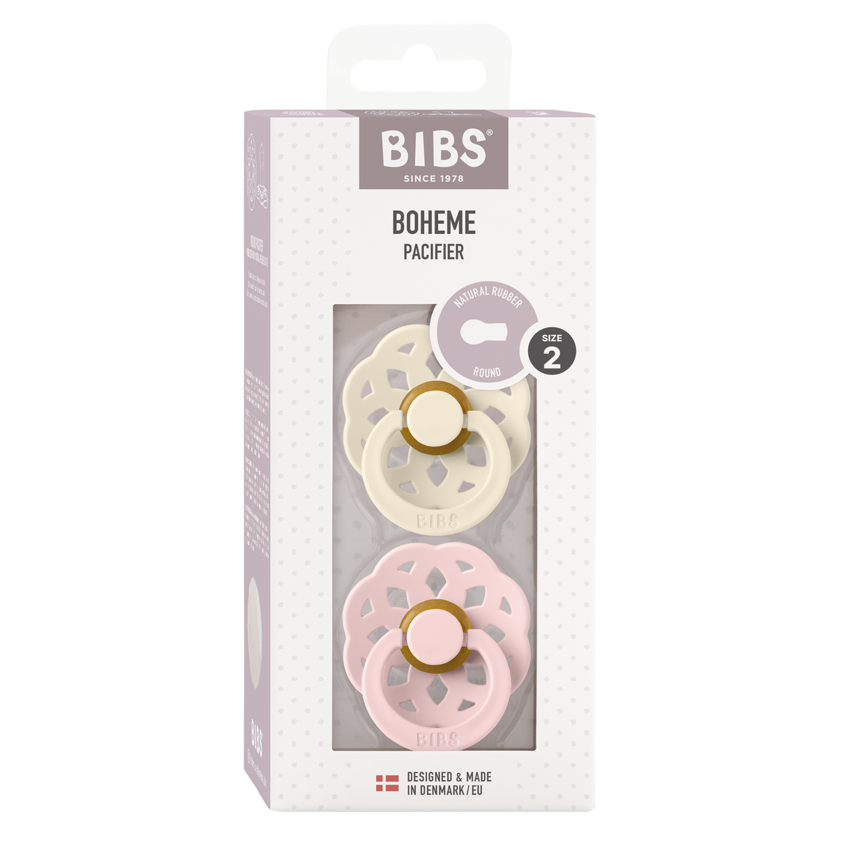 BIBS Boheme Round Latex Pacifiers Size 2 – Ivory & Blush (2 Pack)