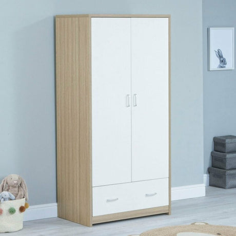 Babymore Luno 3 Piece Nursery Furniture Set with Cot Bed, Under Drawer, Dresser and Wardrobe - White / Oak