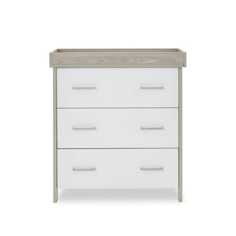 Obaby Nika Mini 3 Piece Nursery Furniture Set with Cot Bed, Dresser & Wardrobe – Grey Wash & White