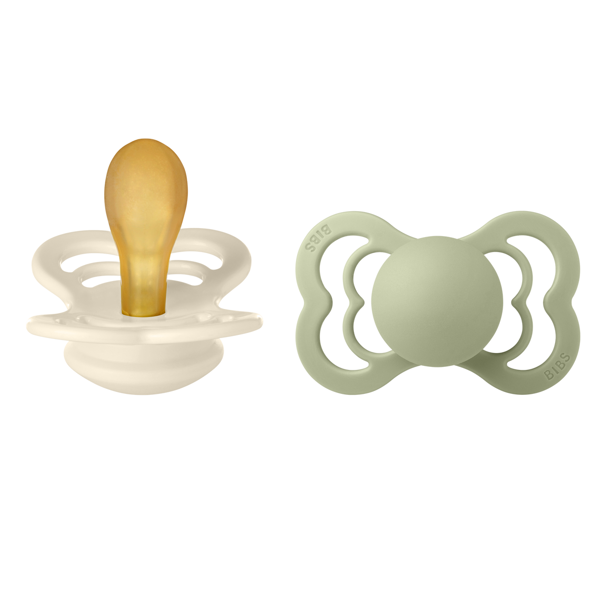 BIBS Supreme Symmetrical Latex Pacifiers Size 2 – Ivory & Sage (2 Pack)