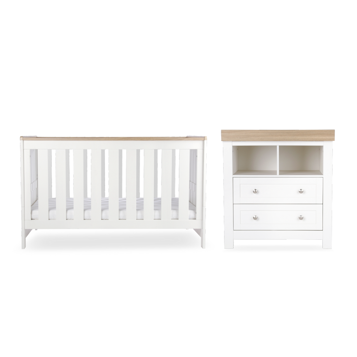 CuddleCo Burford 2 Piece Nursery Furniture Set with Cot Bed and Dresser - White & Oak