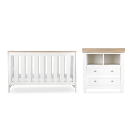 CuddleCo Burford 2 Piece Nursery Furniture Set with Cot Bed and Dresser - White & Oak
