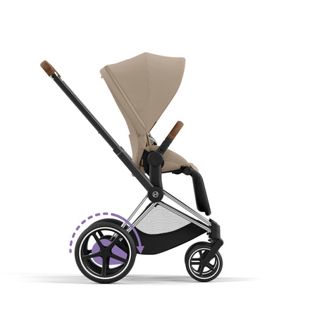 Cybex e-Priam Travel System with Accessories, Cloud T Car Seat & ISOFIX Base - Cozy Beige / Chrome Brown Frame